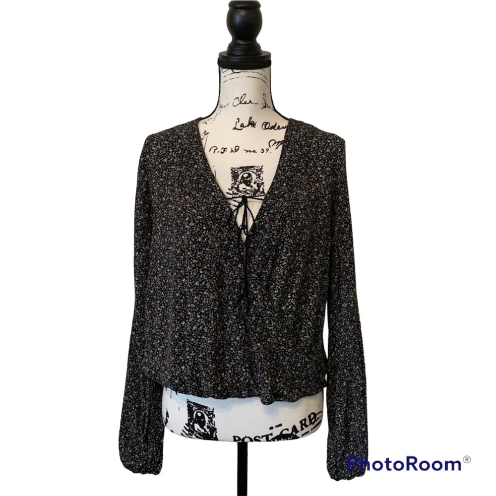 Mossimo Floral V Neck Long Sleeve Top Sz Xs Front Tie